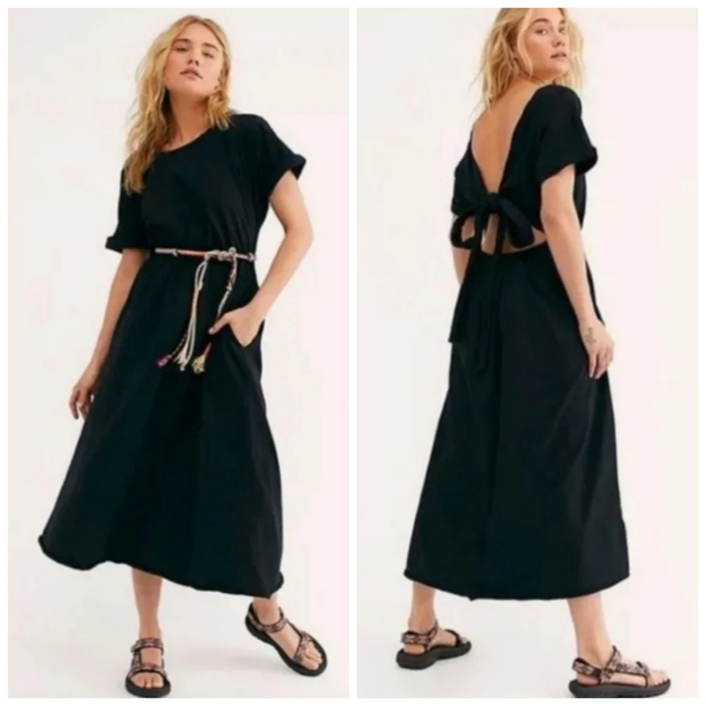Free People Black Midi Dress with Open Tie-Back